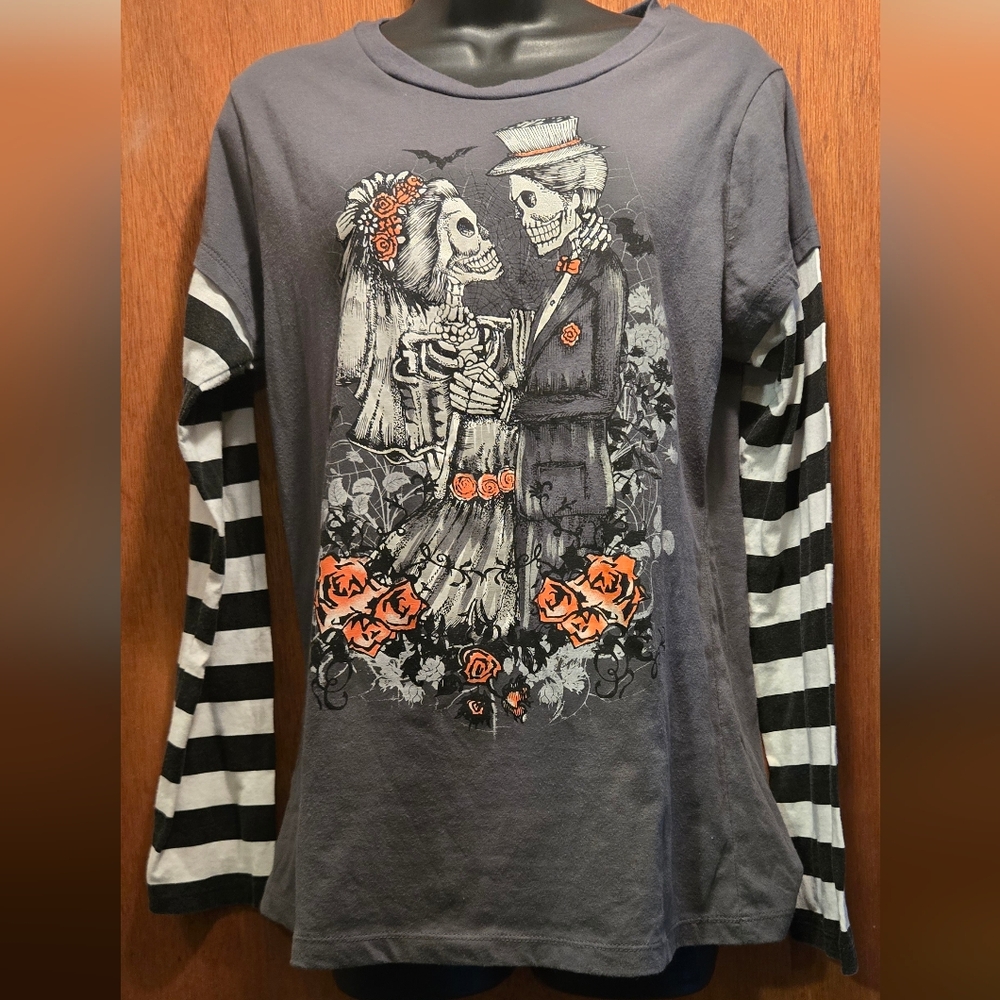Halloween Skull Gray Wedding T-shirt Jrs SzXL - Picture 2 of 7